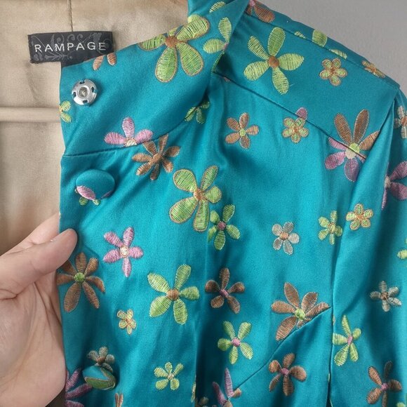 Vintage Y2K Rampage Teal Embroidered Flower Satin Belted Jacket Size L - Picture 5 of 7